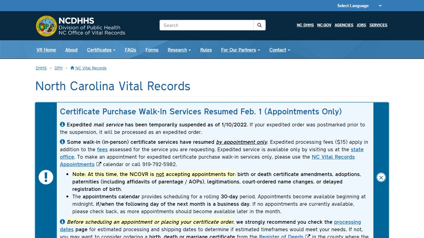 NCDHHS: DPH: NC Vital Records Home